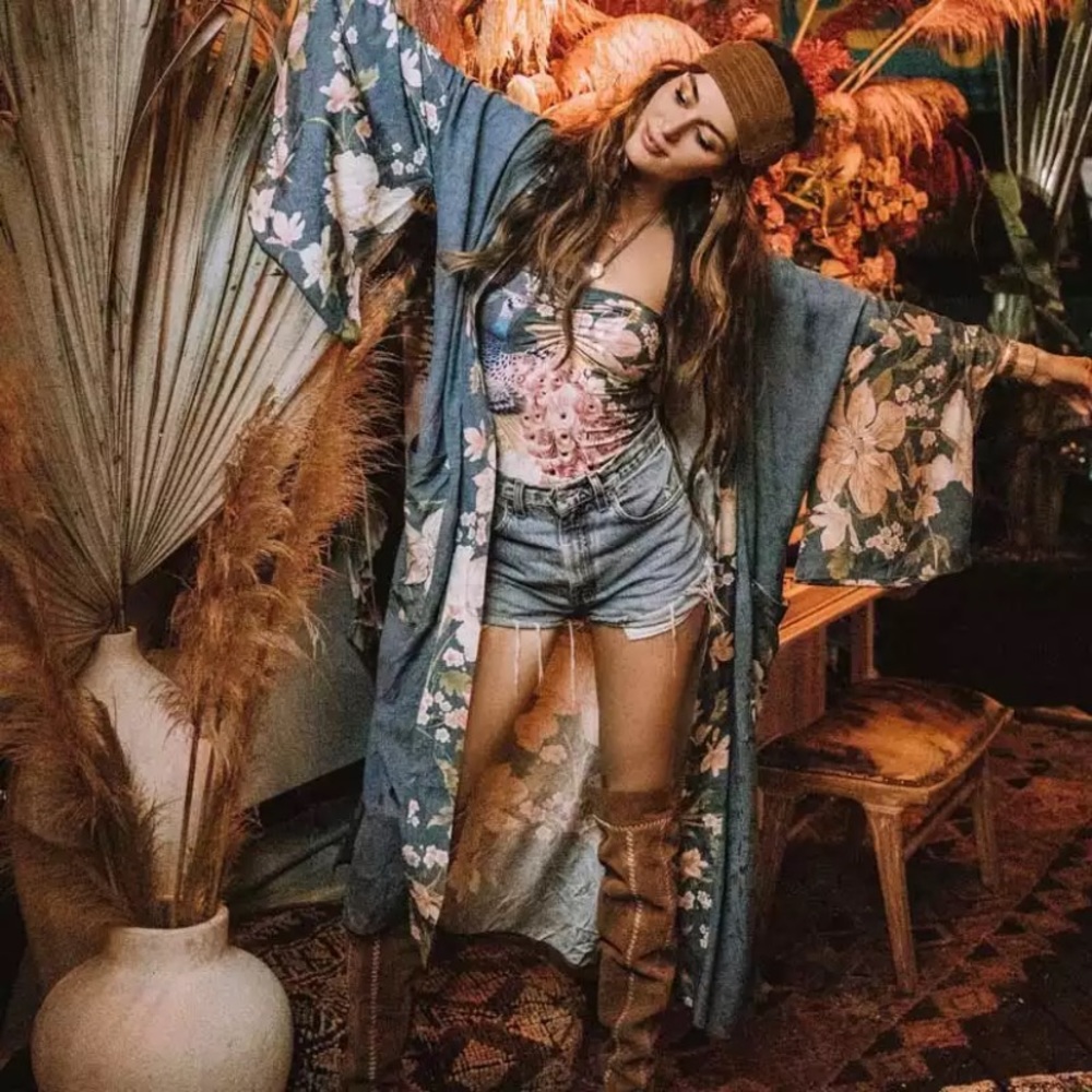 SOLD OUT Blue Floral Bohemian Peacock Kimono Duster Robe - Picture 4 of 7